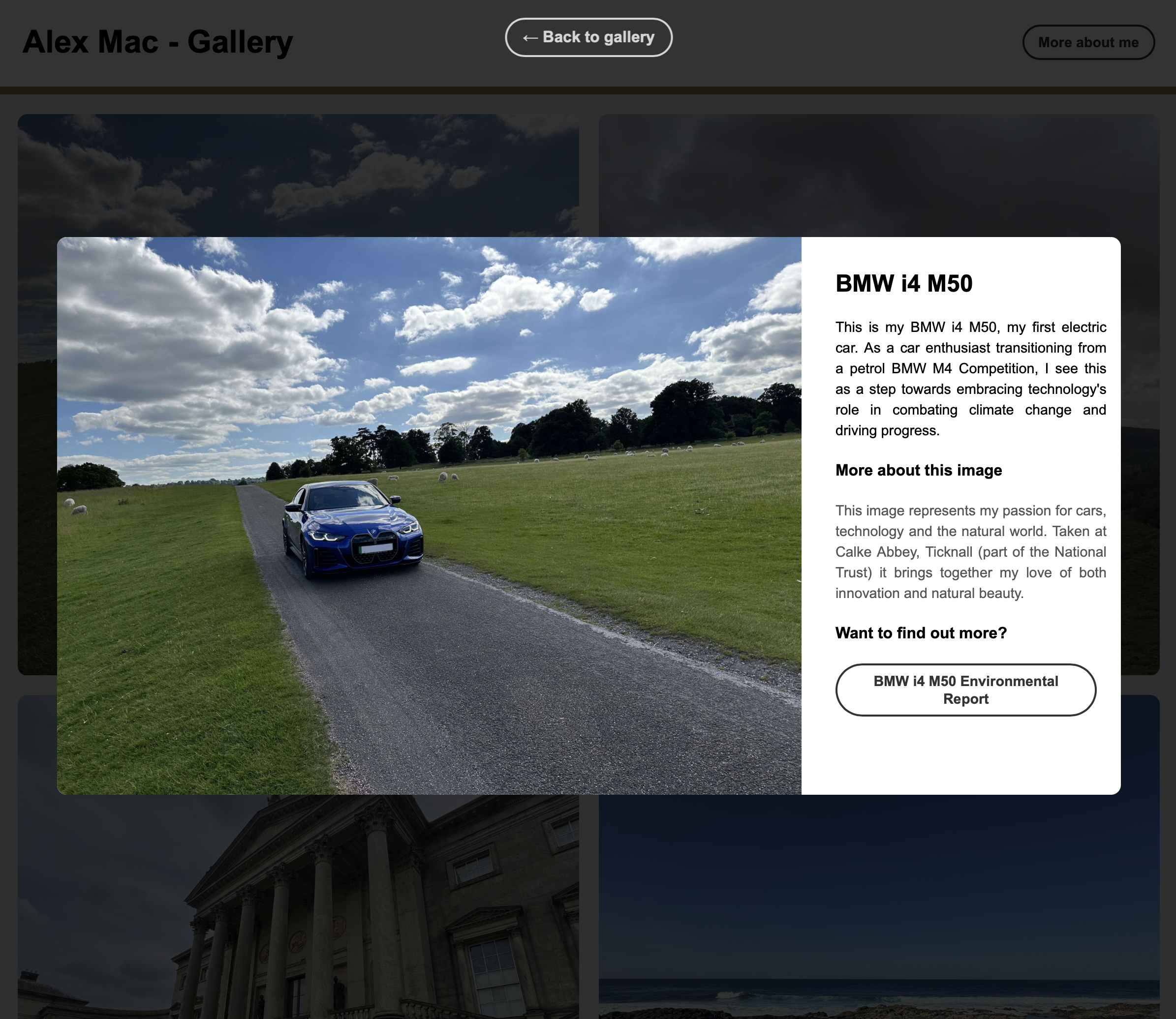 Modal showing information on the BMW i4 M50 and environmental report, including an image of a blue BMW electric car